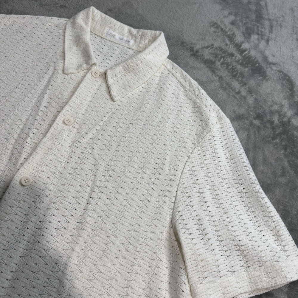 Zara Geometric Jacquard Button Shirt Mens L White Coastal Summer Beach Boho - Picture 2 of 7